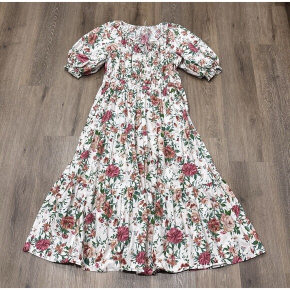 Anthropologie Somerset Dress Size 1X White Pink Floral Maxi Puff Sleeve Cotton - Picture 7 of 14